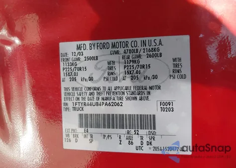 2004 Ford Ranger Edge/Tremor/Xlt from USA, damaged, VIN 1FTYR44U84PA62062